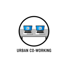 Illustration of urban co-working space with two laptops