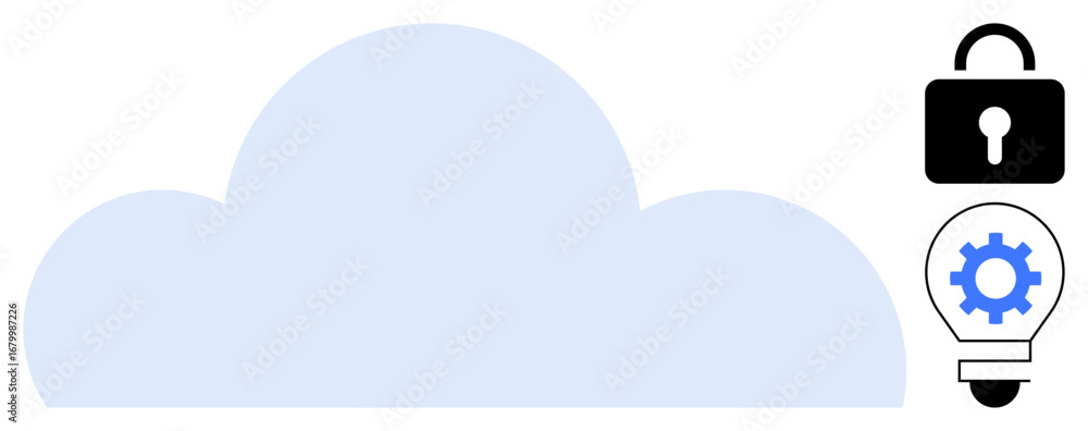 Poster cloud icon with padlock emphasizing data security and gear-lightbulb symbolizing innovation. ideal f