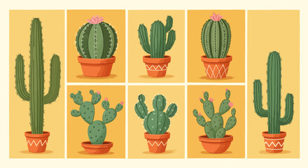 Collection of various cartoon cacti in pots on a yellow background, vector illustration.
