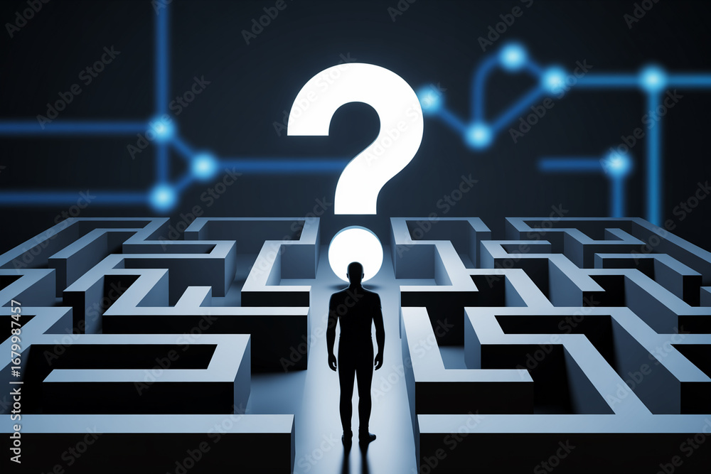 Poster finding solutions concept maze question mark man silhouette business decision challenge path ahead p