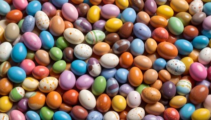A vibrant display of colorful chocolate eggs, showcasing a variety of patterns and hues, creating a festive and enticing visual.