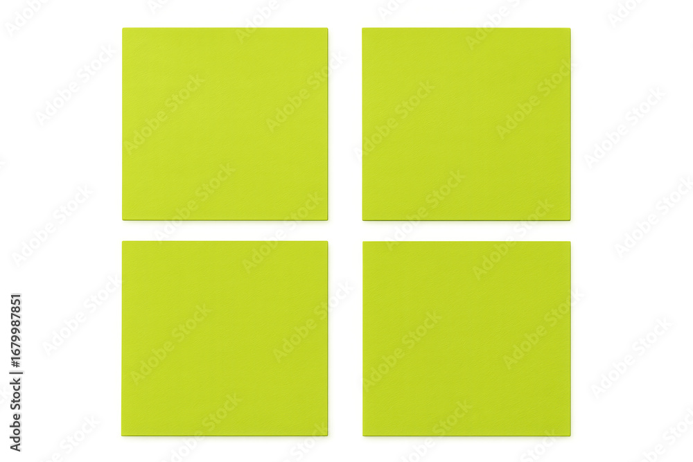 Poster four blank chartreuse sticky notes arranged in a grid on a transparent background, ready for your me
