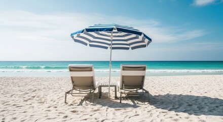 Two beach chairs under a striped umbrella on a sunny beach (1)