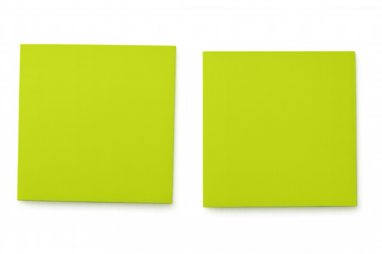 Two blank sticky notes with chartreuse color are ready for your message on a transparent background