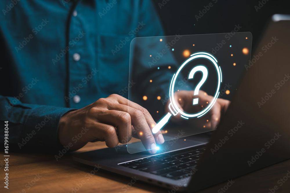 Poster searching for answers online concept using laptop with question mark and magnifying glass icon