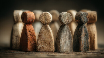 Line of wooden figurines with varied finishes stands on a dark wooden surface, emphasizing texture, grain, and rustic craftsmanship in a focused still life.