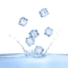 Ice cubes falling into water on white background