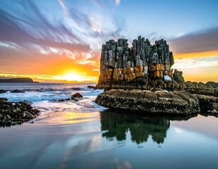 Dramatic sunset over coastal rock formations