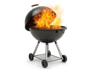 A black barbecue grill with the lid open and flames rising up on a white background studio shot