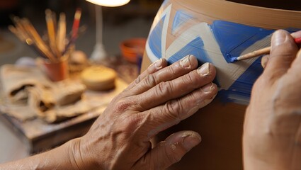 Artisan Hands Painting Blue and White Geometric Pattern on Unglazed Clay Pot