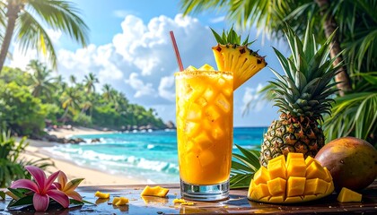 A vibrant tropical drink garnished with pineapple and mango slices is displayed on a wooden surface overlooking a beautiful beach scene.