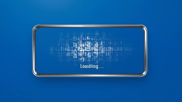 Blue loading screen with metallic frame displaying a progress indicator and abstract background