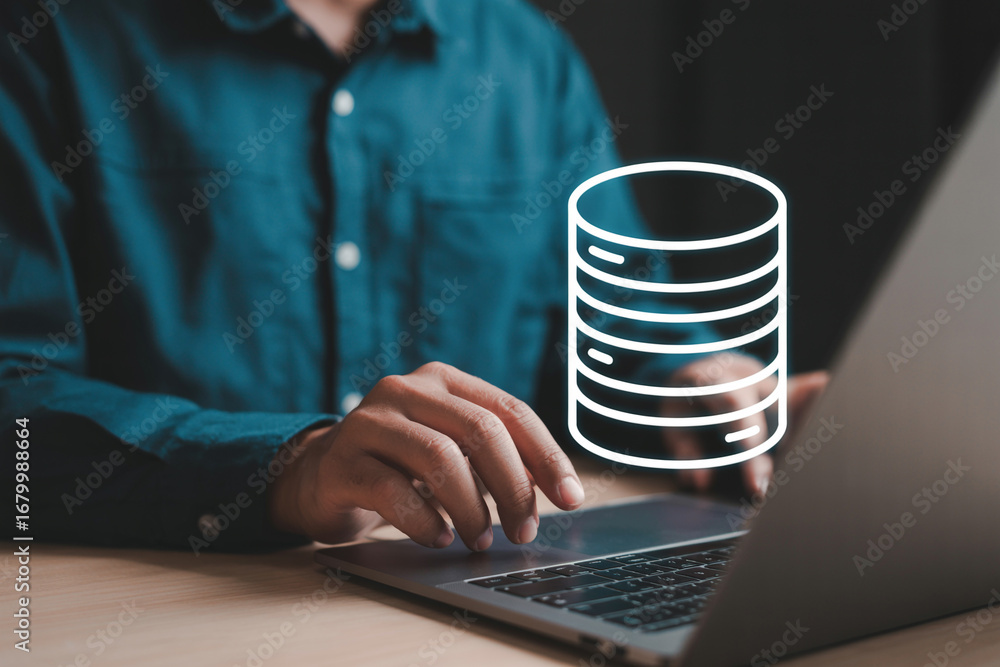 Poster database management on laptop for data storage and cloud computing solutions for businesses and deve