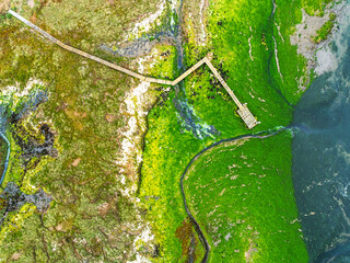 Top Down over River Hamble Mud at low tide from drone, Swanwick, Southampton, Hampshire, England