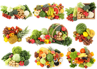 Fresh organic vegetables and fruits in piles on white background, set. Top view