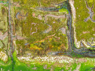 Top Down over River Hamble Mud at low tide from drone, Swanwick, Southampton, Hampshire, England