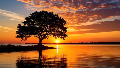 A solitary tree stands silhouetted against a vibrant sunrise over a tranquil lake, showcasing the fiery hues of the morning sky reflected in the calm water.