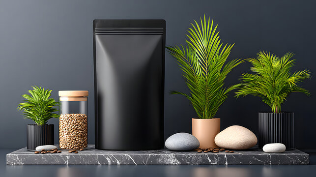 Sleek black matte packaging bag stands on marble surface, surrounded by small potted plants and smooth stones, creating modern and natural aesthetic