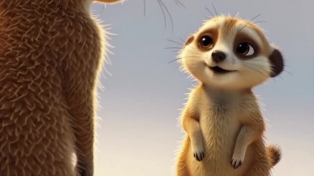 Kleines, aufrecht stehendes Erdm&auml;nnchen mit gro&szlig;en neugierigen Augen, fr&ouml;hlich lachend.
