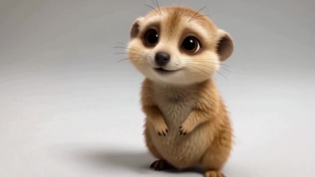 Kleines, aufrecht stehendes Erdm&auml;nnchen mit gro&szlig;en neugierigen Augen, fr&ouml;hlich lachend.