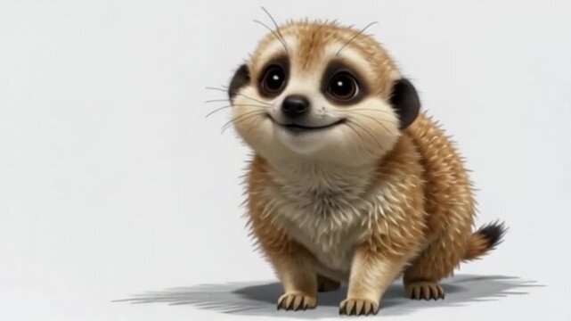 Kleines, aufrecht stehendes Erdm&auml;nnchen mit gro&szlig;en neugierigen Augen, fr&ouml;hlich lachend.