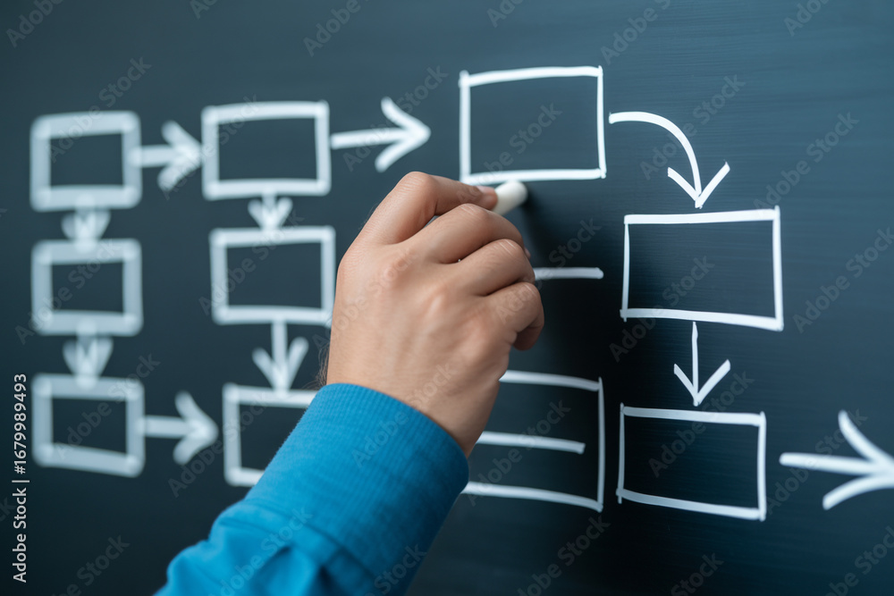 Poster drawing process flowchart on blackboard for business strategy and project management planning concep