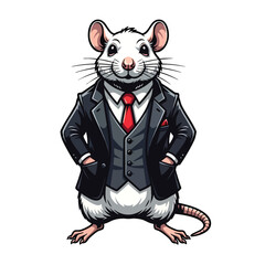 A dapper cartoon rat character dressed in a formal black business suit and red tie. © Vira