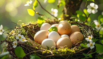 A springtime nest, overflowing with eggs, nestled amongst blossoms, bathed in sunlight.