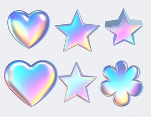 Chrome 3d set metal element. Heart, star and flower holographic shape. 3d chrome
