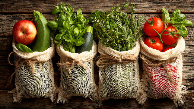 Reusable mesh bags filled with fresh produce including apples, zucchini, herbs, and tomatoes are displayed on rustic wooden surface, promoting sustainability and eco friendly shopping