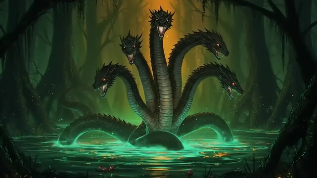 Multi-headed serpent emerging from a mystical swamp