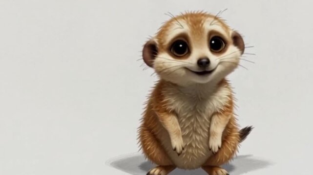 Kleines, aufrecht stehendes Erdm&auml;nnchen mit gro&szlig;en neugierigen Augen, fr&ouml;hlich lachend.