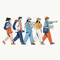 A diverse group of young friends walking and exploring on a sightseeing tour.