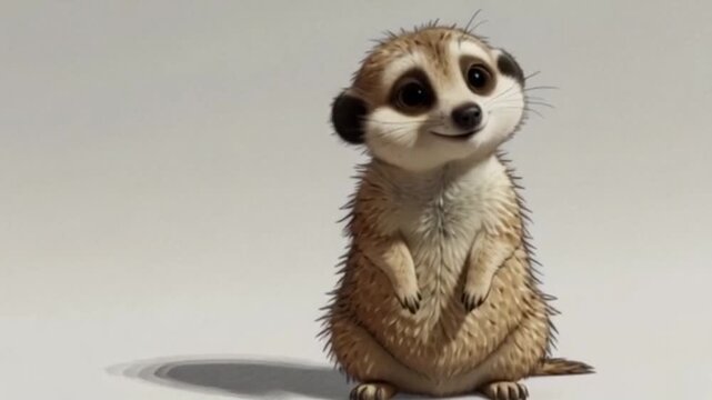 Kleines, aufrecht stehendes Erdm&auml;nnchen mit gro&szlig;en neugierigen Augen, fr&ouml;hlich lachend.