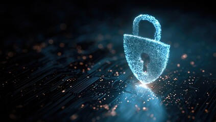 Glowing digital padlock on circuit board, symbolizing cybersecurity and data protection