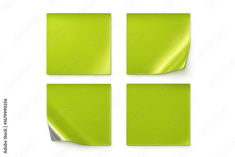 Poster green sticky notes with curled edges lying on clear surface, offering clean workspace for writing qu