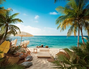 Fototapeta premium Tropical beach travel theme in summer, 3d rendering. 3D illustration