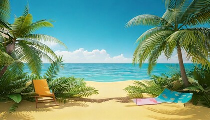 Fototapeta premium Tropical beach travel theme in summer, 3d rendering. 3D illustration