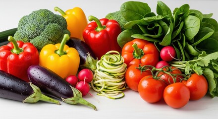 A colorful display of fresh vegetables including bell peppers, broccoli, eggplants, radishes, and tomatoes emphasizes nutritious food choices in cooking