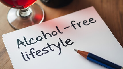 Alcohol-free lifestyle goals written on notepad, with red wine glass in background, promoting a sober lifestyle