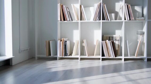 White bookcase with books and art, sunlight casts shadows on light floor