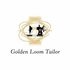 Logo featuring a vintage sewing machine, gold accents, and elegant design.