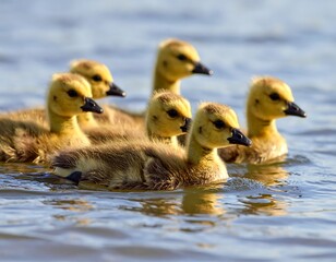Five goslings swimming in a lake