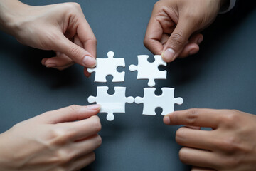 Puzzle pieces coming together for team success and problem solving business solutions concept idea teamwork