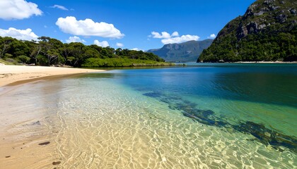 Fototapeta premium A tranquil beach scene with crystal-clear water, lush greenery, and a backdrop of serene mountains.