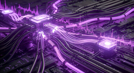 Futuristic Motherboard Circuit Board with Glowing Purple Light