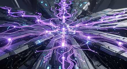 Abstract Technology Hub with Glowing Purple Cables