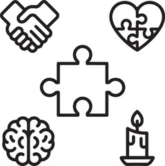 Obraz premium Autism Awareness Vector Ribbon Icons Puzzle, Handshake, Heart with Puzzle, Globe, Brain, Candle, and Positive Support Graphics