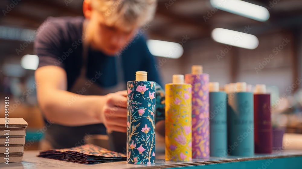 Poster medium shot of a designer applying vibrant seasonal labels to custom packaging with the product in s