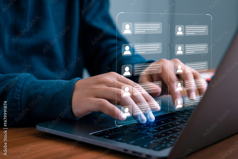 Poster human resources management software for employee database and talent acquisition on laptop screen di